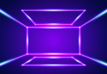 Bright neon lines interior background with ultraviolet 80s styled laser rays.