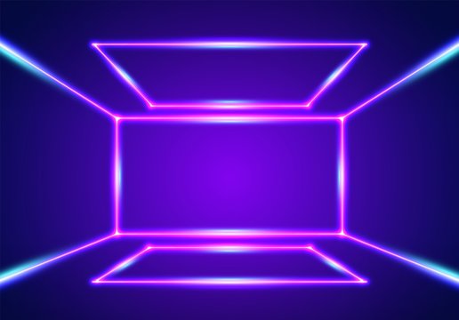 Bright neon lines interior background with ultraviolet 80s styled laser rays.