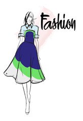 Fashion girl Sketch. Stylish fashion model. Pretty young girl.