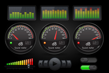 Decibel sound meter with equalizer and buttons. Black user interface