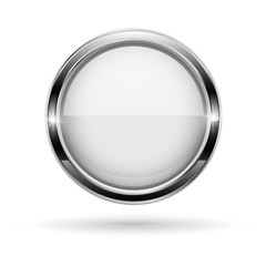 White button with chrome frame. Round glass shiny 3d icon
