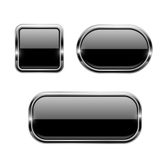 Black glass buttons with chrome frame. 3d icons