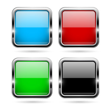 Colored glass 3d buttons with chrome frame. Square icons