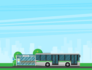 Vector Illustration of Bus Stop with City Skyline and Bus. Flat Design Style.