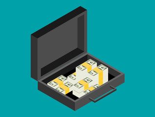 Open portfolio with money, suitcase isometric flat vector illustration