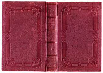 Old open book cover in red canvas with embossed geometric ornaments - circa 1848