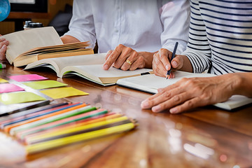 Education concept. Students studying and brainstorming campus concept. Close up of students...