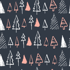 Vector Christmas seamless pattern with hand drawn xmas fir trees different shapes and snowflakes sketch elements isolated on black background. Perfect for cards, gift tags, packaging paper etc.