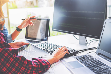 Programmer working in a software development and coding technologies. Website design.Technology...