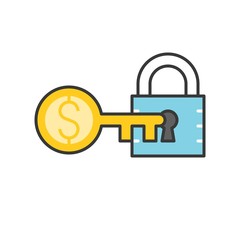 lock and money gold key, key of success concept icon, editable stroke outline