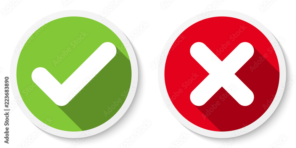 Poster set of v and x icons, buttons. flat round check & cancel symbol stickers. vector eps 10