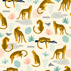 Vestor seamless pattern with leopards and abstract tropical leaves.