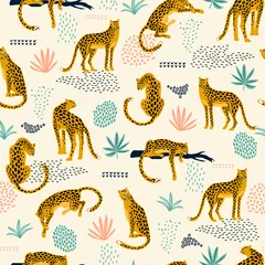 Tapeten Vestor seamless pattern with leopards and abstract tropical leaves. © Nadezda Grapes