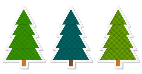 Set 5 of abstract geometric coniferous trees stickers with three shades of green. Vector EPS 10