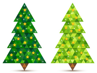 Abstract coniferous trees with stars consisting of triangles. Two shades of green. Vector EPS 10