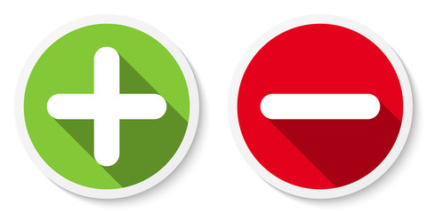Set of plus & minus sign icons, buttons. Flat round positive & negative symbol stickers. Vector EPS 10