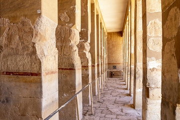 Columns at the Mortuary Temple of Hatshepsut, also known as the Djeser-Djeseru. Built for the...