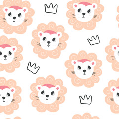 Cute baby lions and crowns seamless pattern