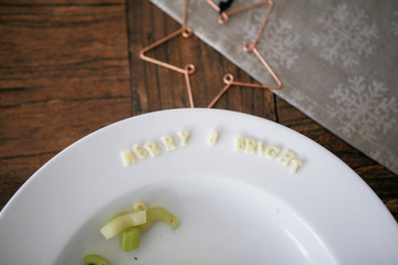 Merry & Bright - Christmas Quote on Soup Plate Made By Noodles