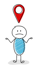 Confused stickman with geotag (map pin) icon. Vector.