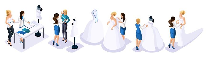 Fototapeta na wymiar Isometric is a set of tailors sewing wedding dresses, a client on a fitting dress. Sewing the best and luxurious wedding dress in the atelier. The best designers