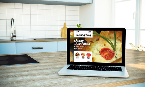 mockup of cooking blog screen laptop on island at kitchen