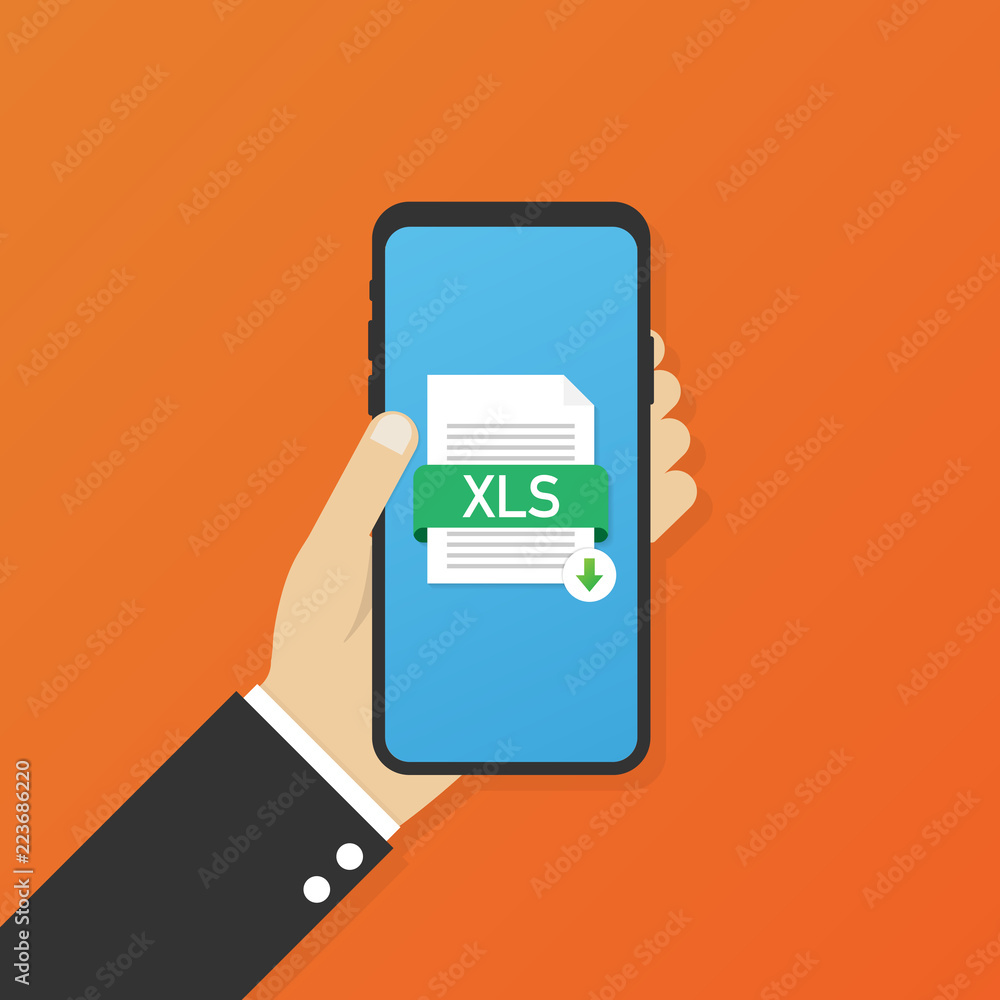 Poster download xls button on smartphone screen. downloading document concept. file with xls label and down