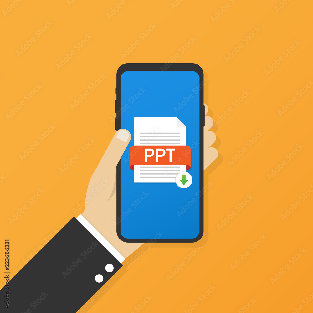 Poster download ppt button on smartphone screen. downloading document concept. file with ppt label and down