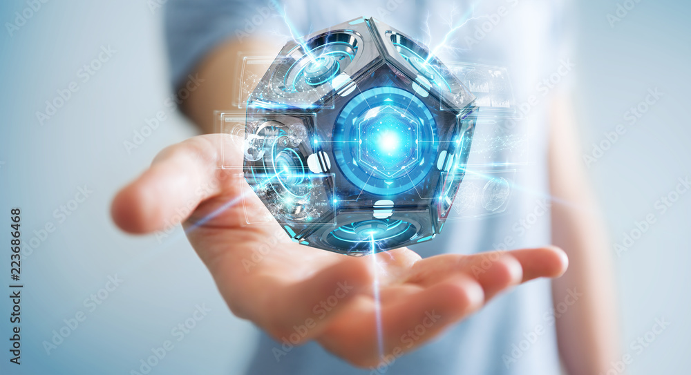 Poster businessman using futuristic drone security camera 3d rendering