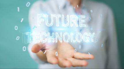 Businesswoman using future technology text interface 3D rendering