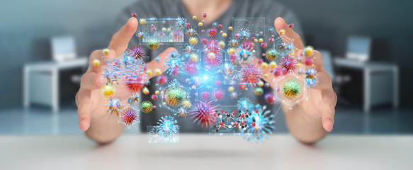 Businessman analyzing bacteria microscopic close-up 3D rendering