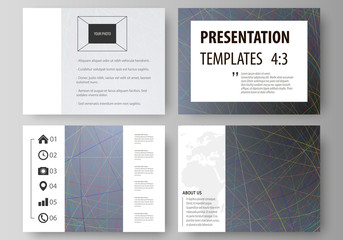 Business templates for presentation slides. Easy editable layouts in flat design. Colorful dark background with abstract lines. Bright color chaotic, random, messy curves. Colourful vector decoration.