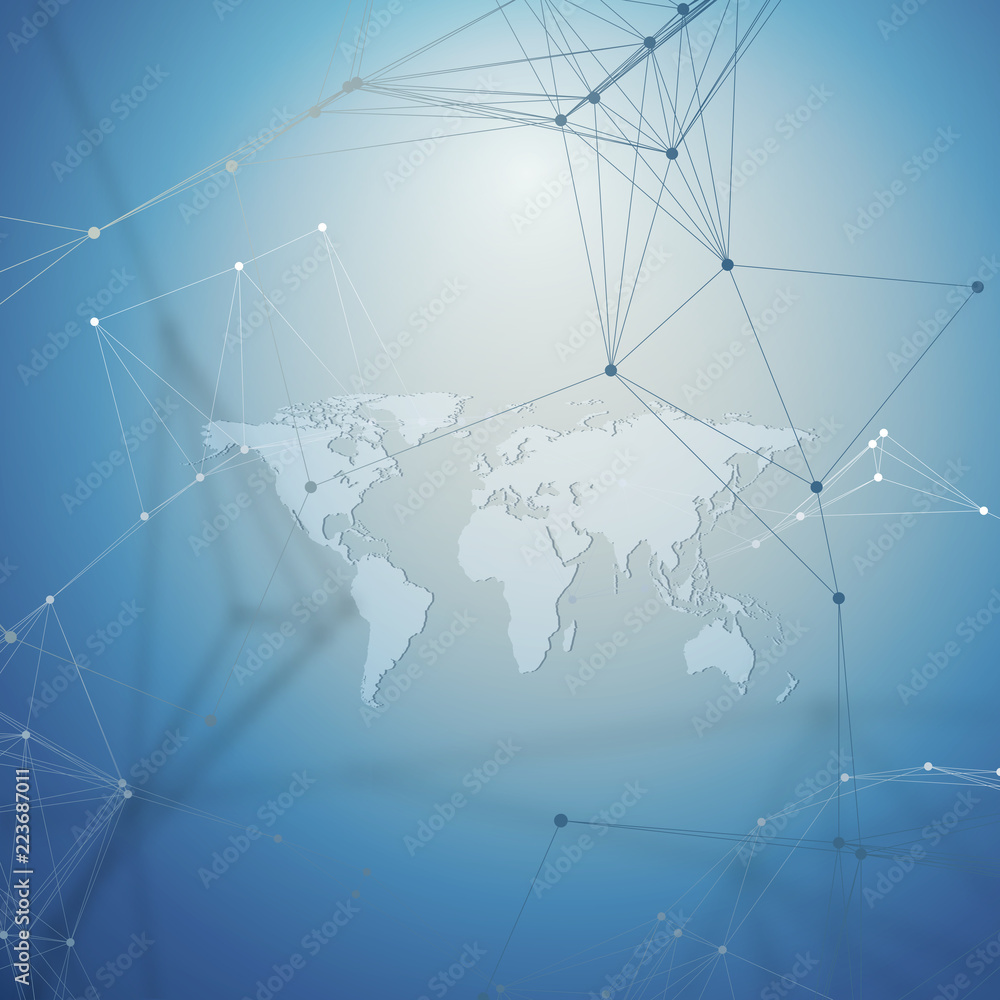 Poster world map with shadow on blue. abstract global network connections, geometric design technology conc
