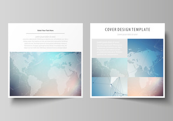 The minimalistic vector illustration of editable layout of two square format covers design templates for brochure, flyer, booklet. Polygonal geometric linear texture. Global network, dig data concept.