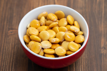 salted lupins in red bowl