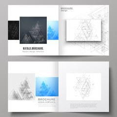 The vector illustration of layout of two covers templates for square design bifold brochure, magazine, flyer. Polygonal background with triangles, connecting dots and lines. Connection structure.
