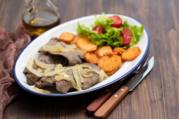 fried liver on white dish and fried sweet potato on plate