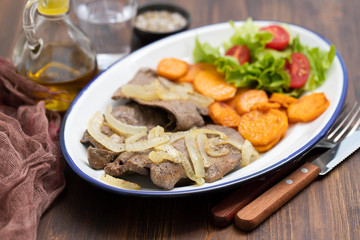 fried liver on white dish and fried sweet potato on plate