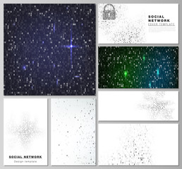 Fototapeta na wymiar The minimalistic abstract vector layouts of modern social network mockups in popular formats. Binary code background. AI, big data, coding or hacker concept, digital technology background.