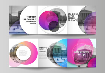The minimal vector editable layout of two square format covers design templates for trifold square brochure, flyer, magazine. Creative modern bright background with colorful circles and round shapes.