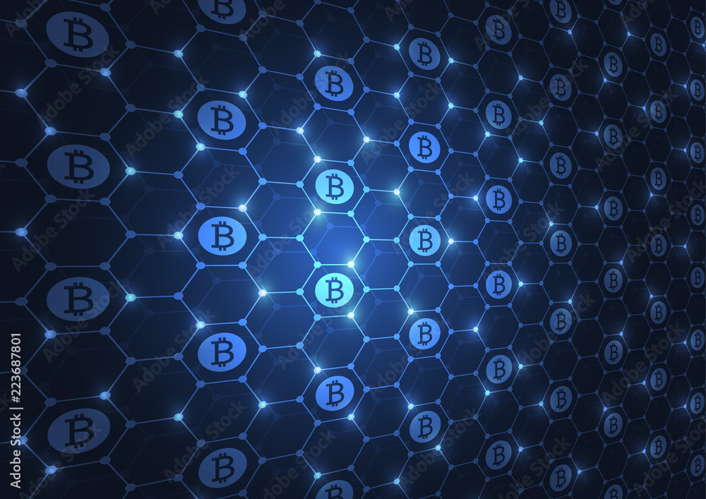 Aufkleber abstract technology blue hexagons of cryptocurrency bitcoin pattern background for communication wit