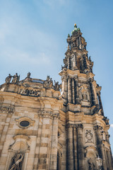 Fototapeta na wymiar low angle view of beautiful Dresden Cathedral or Cathedral of the Holy Trinity against blue sky, Dresden, Germany