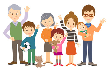 3世代家族　手を振っている