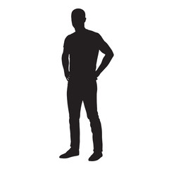 Man dressed in shirt and jeans standing with hands on hips, side view isolated vector silhouette