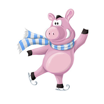 The funny piggy, piglet in winter s clothes on skates. Vector illustration