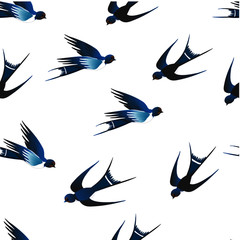 There are wonderful blue swallows on a white background. You can use this seamless pattern for fabrics and postcards.