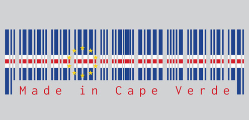 Barcode set the color of Cape Verde flag, blue white and red with the circle of ten star on grey background, text: Made in Cape Verde. concept of sale or business.