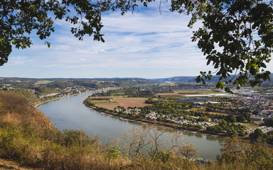 Valley of River Rhine at a summer day, taken from Erpeler Ley Viewpoint, Bonn, Germany	
