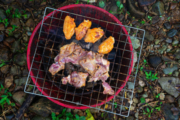 Grilled pork and chicken wings on steel mesh