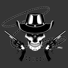 A cowboy's skull in a hat with pistols and lasso on a gray background.